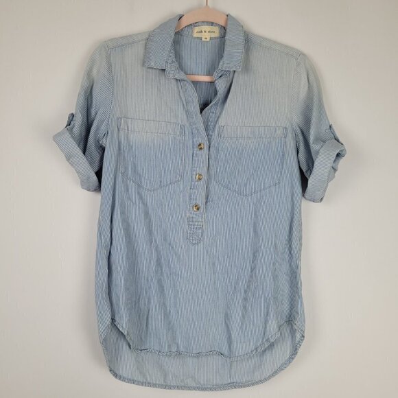 cloth & stone Tops - Cloth & Stone Distressed Chambray Stripe Button Front Popover Top XS